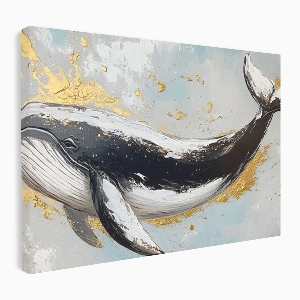 Leinwand Wandkunst Premium, LuxCanva® M1425, Goldener Wal, Abstrakte Kunst, Golden, Wellen, Wal, Gemälde, Ozean, Tief, Kolossal, Elegant, Büro, Wohnen, Kinderzimmer