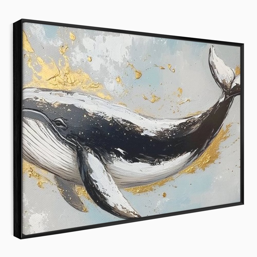 Leinwand Wandkunst Premium, LuxCanva® M1425, Goldener Wal, Abstrakte Kunst, Golden, Wellen, Wal, Gemälde, Ozean, Tief, Kolossal, Elegant, Büro, Wohnen, Kinderzimmer