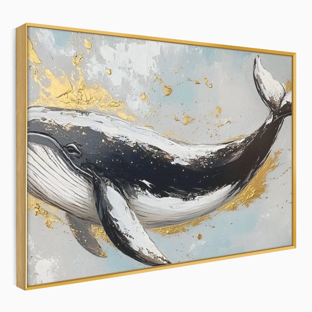 Leinwand Wandkunst Premium, LuxCanva® M1425, Goldener Wal, Abstrakte Kunst, Golden, Wellen, Wal, Gemälde, Ozean, Tief, Kolossal, Elegant, Büro, Wohnen, Kinderzimmer
