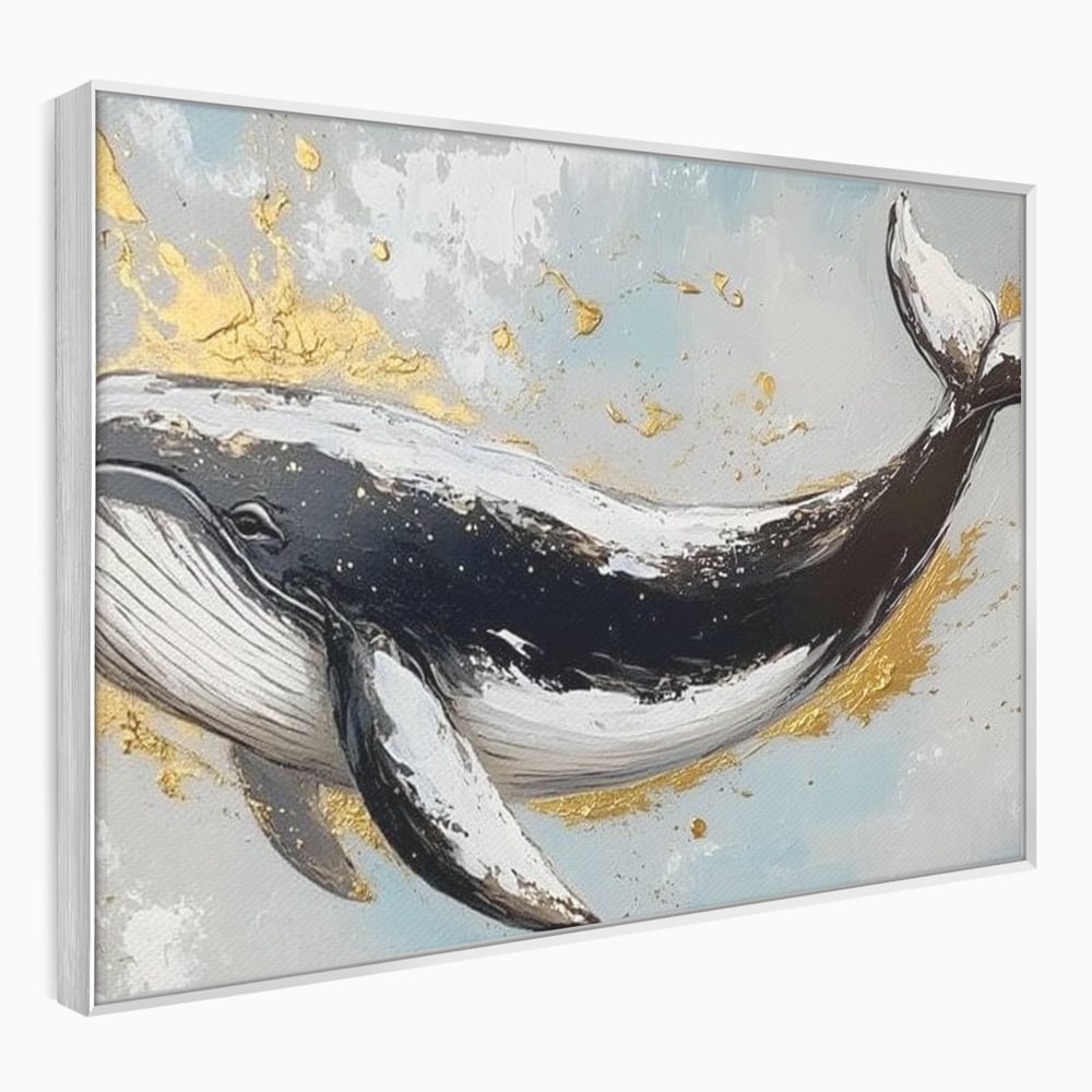 Leinwand Wandkunst Premium, LuxCanva® M1425, Goldener Wal, Abstrakte Kunst, Golden, Wellen, Wal, Gemälde, Ozean, Tief, Kolossal, Elegant, Büro, Wohnen, Kinderzimmer