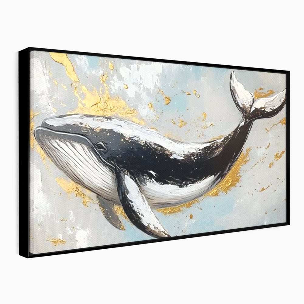 Leinwand Wandkunst Premium, LuxCanva® M1425, Goldener Wal, Abstrakte Kunst, Golden, Wellen, Wal, Gemälde, Ozean, Tief, Kolossal, Elegant, Büro, Wohnen, Kinderzimmer