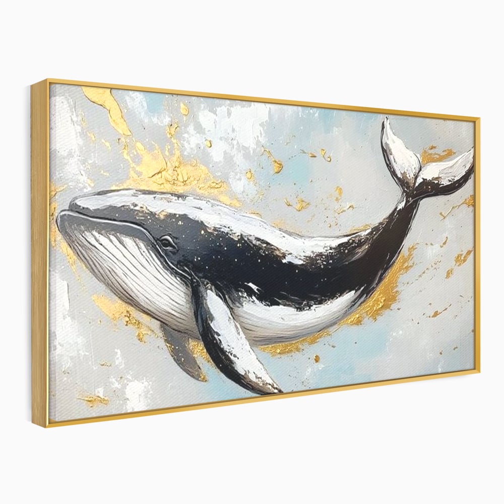 Leinwand Wandkunst Premium, LuxCanva® M1425, Goldener Wal, Abstrakte Kunst, Golden, Wellen, Wal, Gemälde, Ozean, Tief, Kolossal, Elegant, Büro, Wohnen, Kinderzimmer
