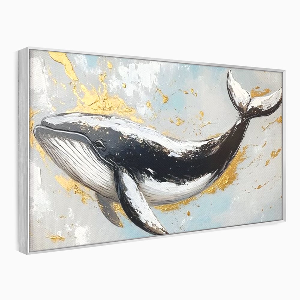 Leinwand Wandkunst Premium, LuxCanva® M1425, Goldener Wal, Abstrakte Kunst, Golden, Wellen, Wal, Gemälde, Ozean, Tief, Kolossal, Elegant, Büro, Wohnen, Kinderzimmer