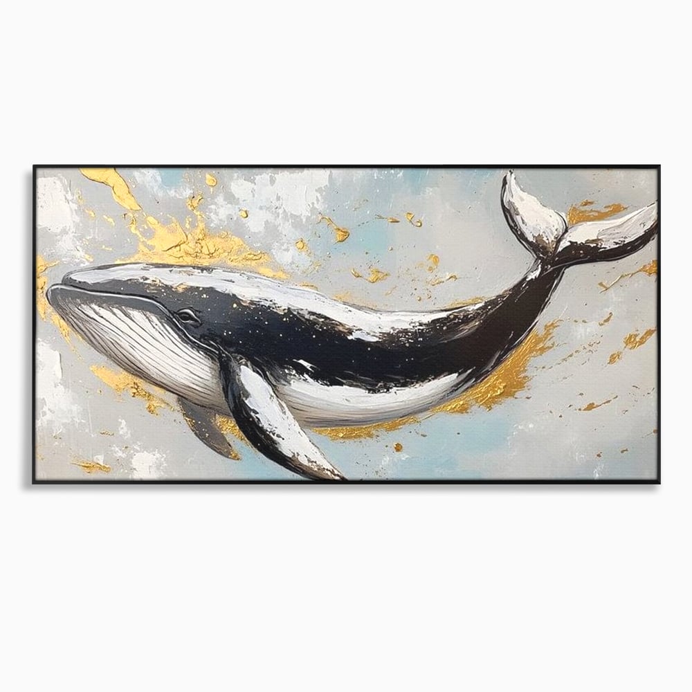 Leinwand Wandkunst Premium, LuxCanva® M1425, Goldener Wal, Abstrakte Kunst, Golden, Wellen, Wal, Gemälde, Ozean, Tief, Kolossal, Elegant, Büro, Wohnen, Kinderzimmer