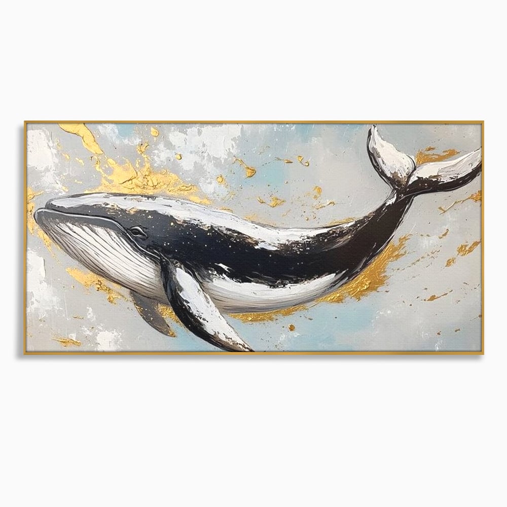 Leinwand Wandkunst Premium, LuxCanva® M1425, Goldener Wal, Abstrakte Kunst, Golden, Wellen, Wal, Gemälde, Ozean, Tief, Kolossal, Elegant, Büro, Wohnen, Kinderzimmer