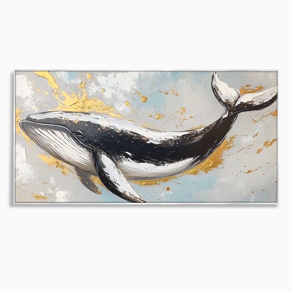 Leinwand Wandkunst Premium, LuxCanva® M1425, Goldener Wal, Abstrakte Kunst, Golden, Wellen, Wal, Gemälde, Ozean, Tief, Kolossal, Elegant, Büro, Wohnen, Kinderzimmer
