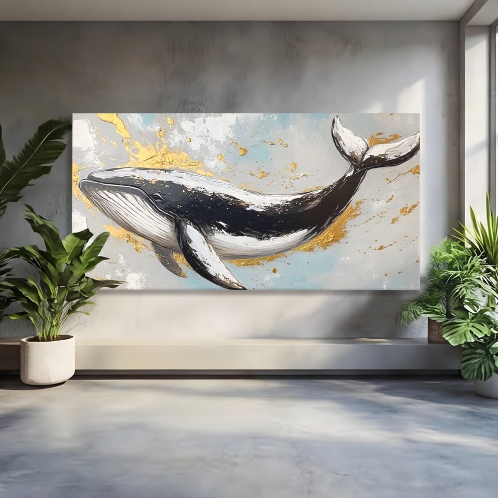 Leinwand Wandkunst Premium, LuxCanva® M1425, Goldener Wal, Abstrakte Kunst, Golden, Wellen, Wal, Gemälde, Ozean, Tief, Kolossal, Elegant, Büro, Wohnen, Kinderzimmer