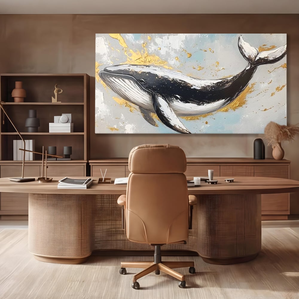 Leinwand Wandkunst Premium, LuxCanva® M1425, Goldener Wal, Abstrakte Kunst, Golden, Wellen, Wal, Gemälde, Ozean, Tief, Kolossal, Elegant, Büro, Wohnen, Kinderzimmer
