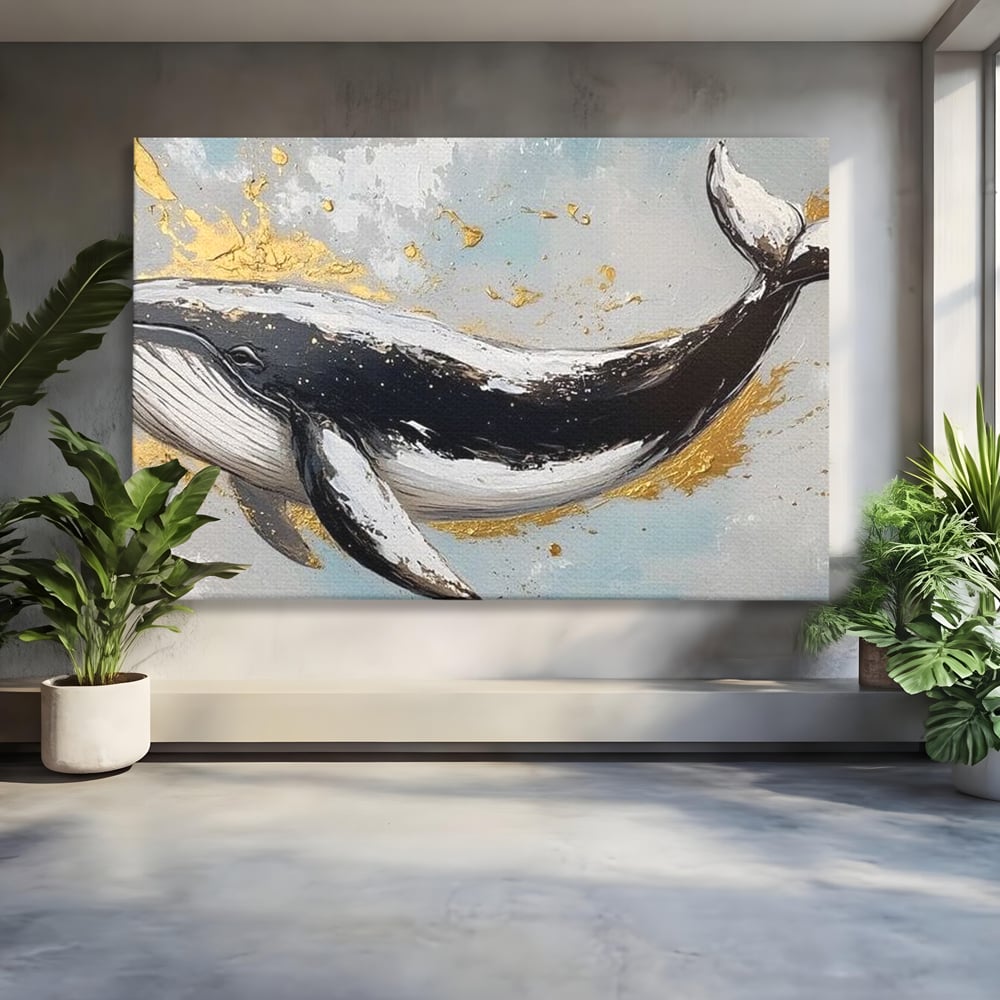 Leinwand Wandkunst Premium, LuxCanva® M1425, Goldener Wal, Abstrakte Kunst, Golden, Wellen, Wal, Gemälde, Ozean, Tief, Kolossal, Elegant, Büro, Wohnen, Kinderzimmer