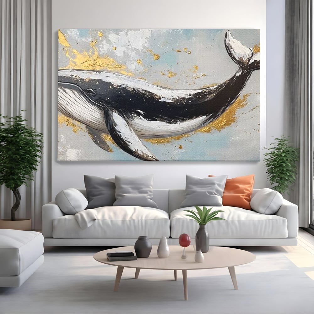 Leinwand Wandkunst Premium, LuxCanva® M1425, Goldener Wal, Abstrakte Kunst, Golden, Wellen, Wal, Gemälde, Ozean, Tief, Kolossal, Elegant, Büro, Wohnen, Kinderzimmer