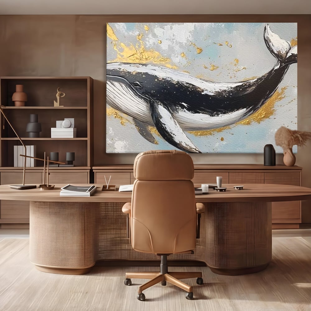 Leinwand Wandkunst Premium, LuxCanva® M1425, Goldener Wal, Abstrakte Kunst, Golden, Wellen, Wal, Gemälde, Ozean, Tief, Kolossal, Elegant, Büro, Wohnen, Kinderzimmer