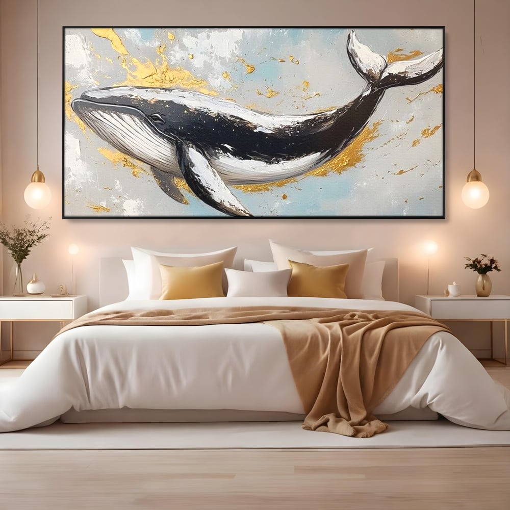 Leinwand Wandkunst Premium, LuxCanva® M1425, Goldener Wal, Abstrakte Kunst, Golden, Wellen, Wal, Gemälde, Ozean, Tief, Kolossal, Elegant, Büro, Wohnen, Kinderzimmer
