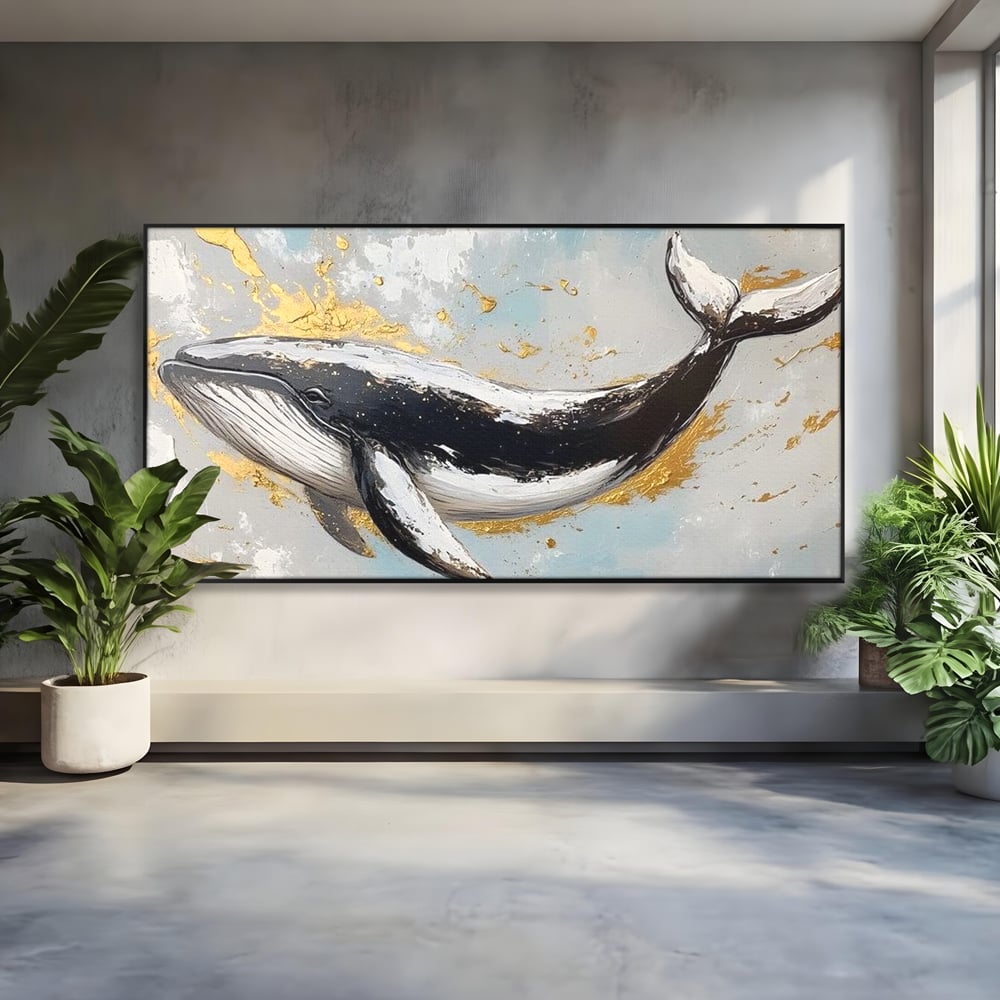 Leinwand Wandkunst Premium, LuxCanva® M1425, Goldener Wal, Abstrakte Kunst, Golden, Wellen, Wal, Gemälde, Ozean, Tief, Kolossal, Elegant, Büro, Wohnen, Kinderzimmer