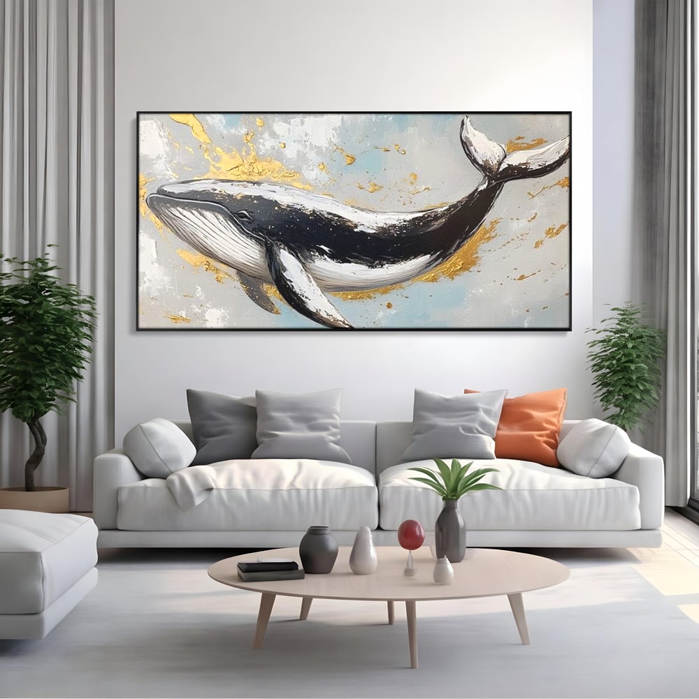 Leinwand Wandkunst Premium, LuxCanva® M1425, Goldener Wal, Abstrakte Kunst, Golden, Wellen, Wal, Gemälde, Ozean, Tief, Kolossal, Elegant, Büro, Wohnen, Kinderzimmer