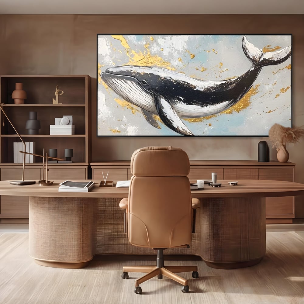 Leinwand Wandkunst Premium, LuxCanva® M1425, Goldener Wal, Abstrakte Kunst, Golden, Wellen, Wal, Gemälde, Ozean, Tief, Kolossal, Elegant, Büro, Wohnen, Kinderzimmer