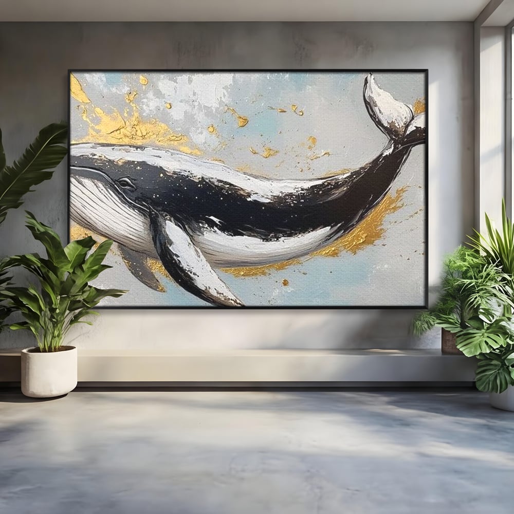 Leinwand Wandkunst Premium, LuxCanva® M1425, Goldener Wal, Abstrakte Kunst, Golden, Wellen, Wal, Gemälde, Ozean, Tief, Kolossal, Elegant, Büro, Wohnen, Kinderzimmer