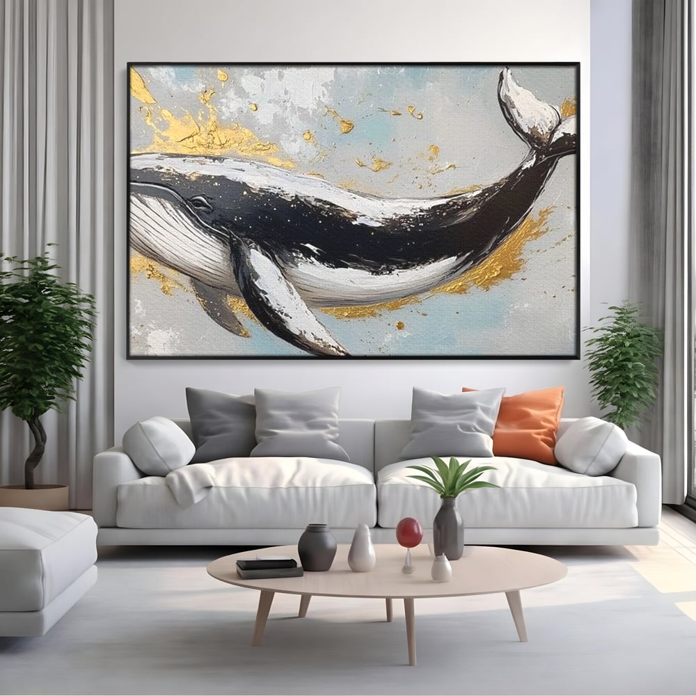 Leinwand Wandkunst Premium, LuxCanva® M1425, Goldener Wal, Abstrakte Kunst, Golden, Wellen, Wal, Gemälde, Ozean, Tief, Kolossal, Elegant, Büro, Wohnen, Kinderzimmer