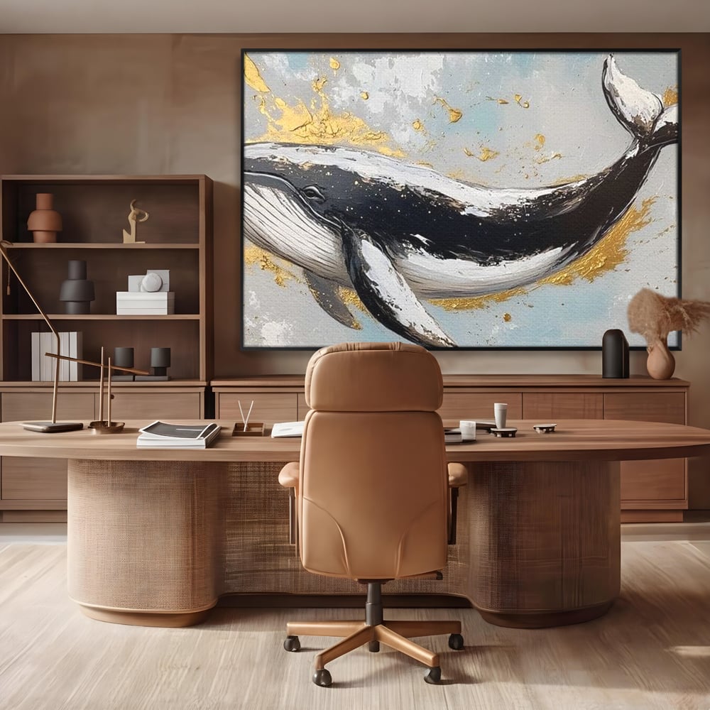 Leinwand Wandkunst Premium, LuxCanva® M1425, Goldener Wal, Abstrakte Kunst, Golden, Wellen, Wal, Gemälde, Ozean, Tief, Kolossal, Elegant, Büro, Wohnen, Kinderzimmer