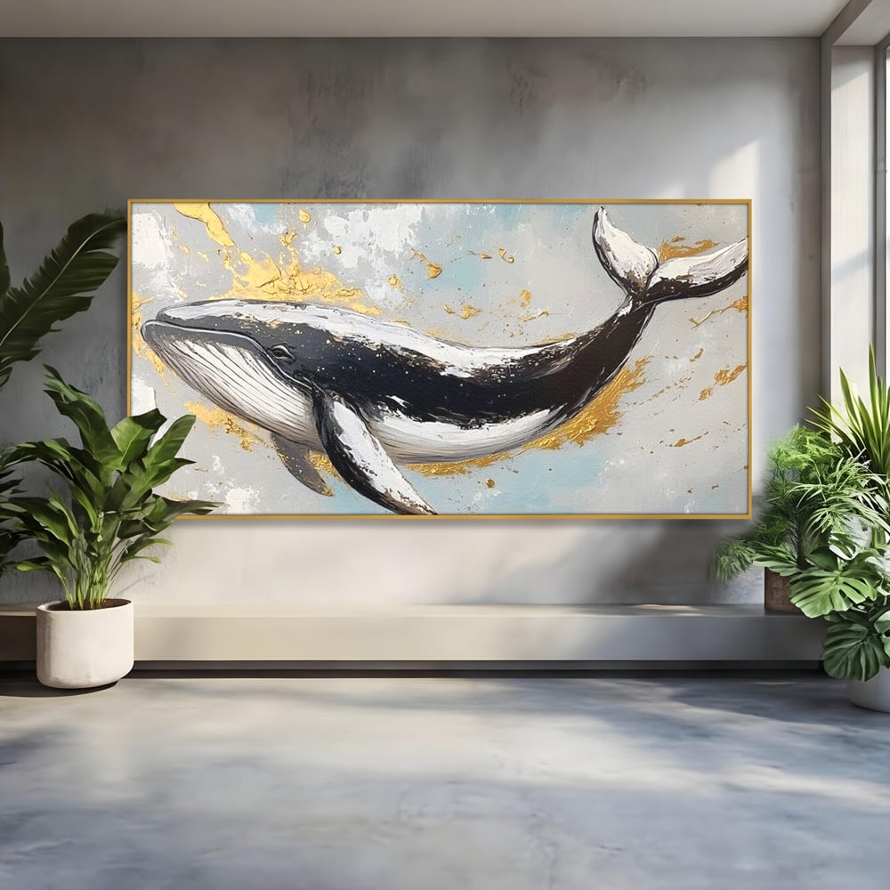 Leinwand Wandkunst Premium, LuxCanva® M1425, Goldener Wal, Abstrakte Kunst, Golden, Wellen, Wal, Gemälde, Ozean, Tief, Kolossal, Elegant, Büro, Wohnen, Kinderzimmer