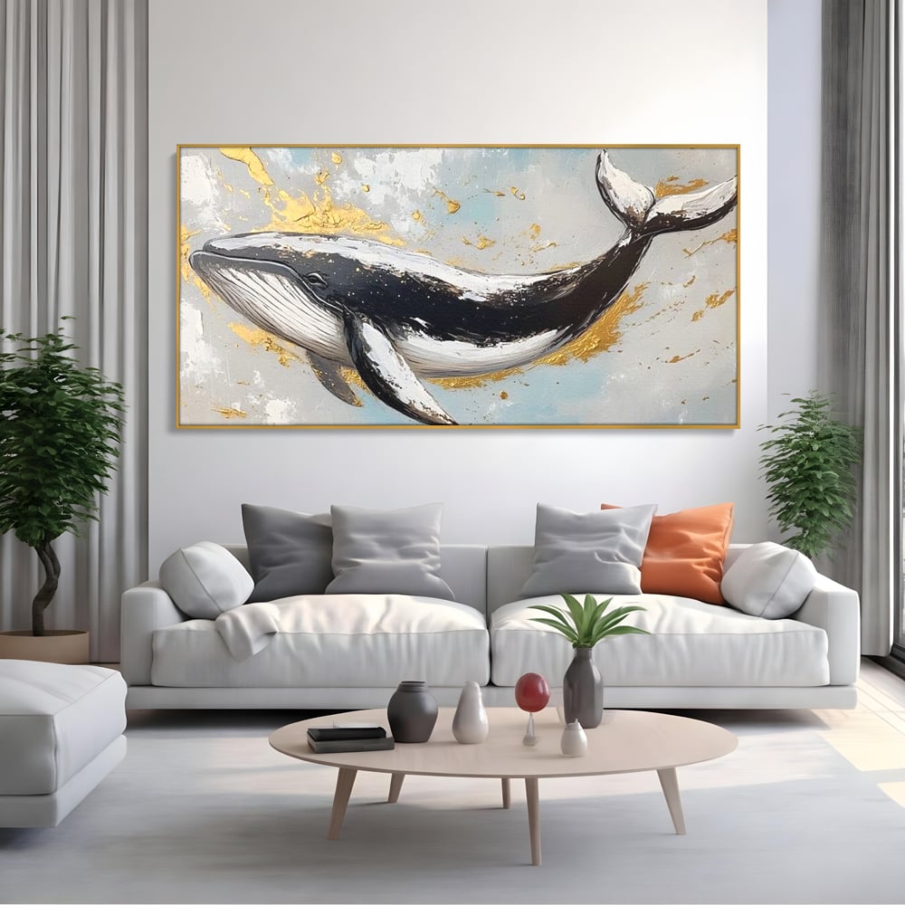 Leinwand Wandkunst Premium, LuxCanva® M1425, Goldener Wal, Abstrakte Kunst, Golden, Wellen, Wal, Gemälde, Ozean, Tief, Kolossal, Elegant, Büro, Wohnen, Kinderzimmer