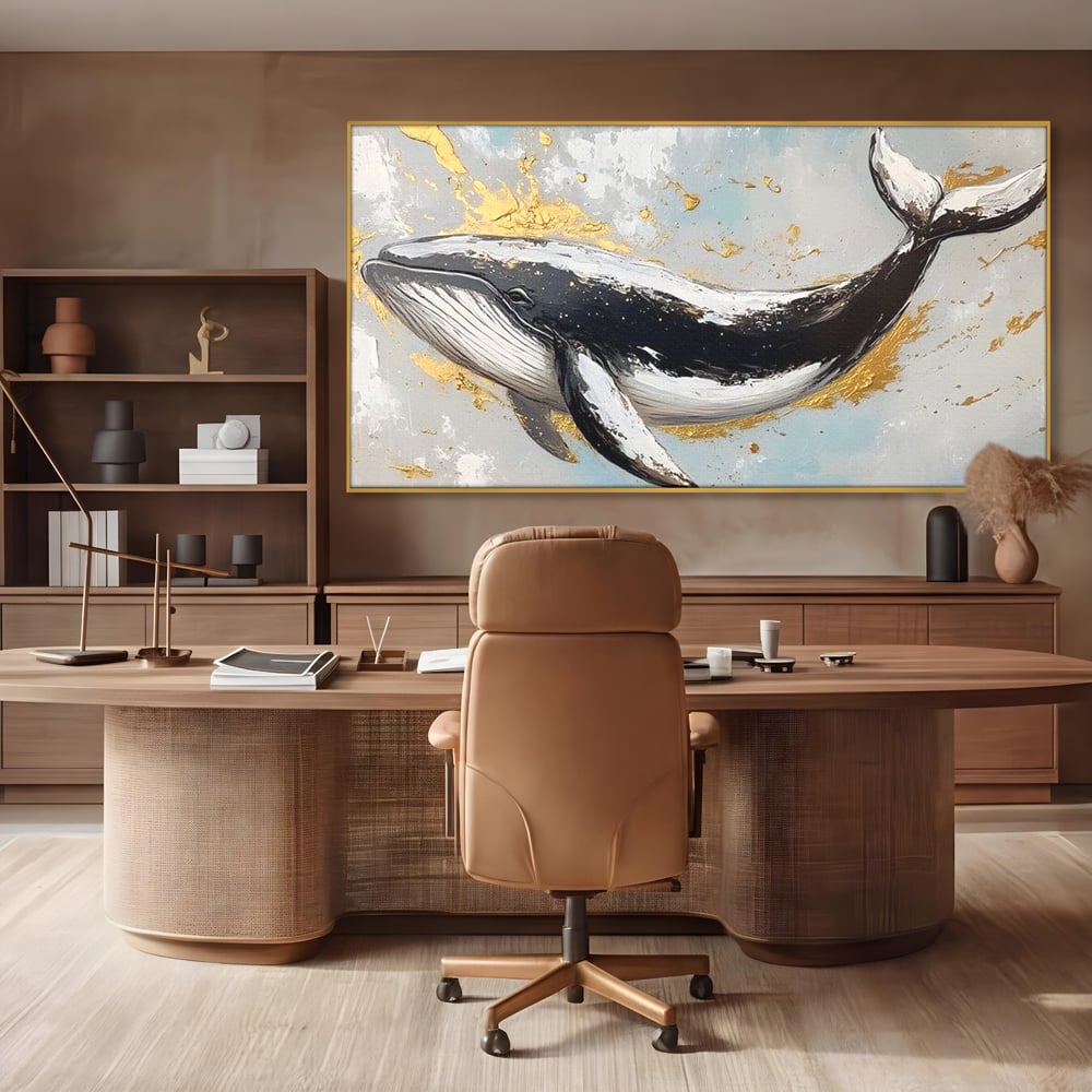 Leinwand Wandkunst Premium, LuxCanva® M1425, Goldener Wal, Abstrakte Kunst, Golden, Wellen, Wal, Gemälde, Ozean, Tief, Kolossal, Elegant, Büro, Wohnen, Kinderzimmer