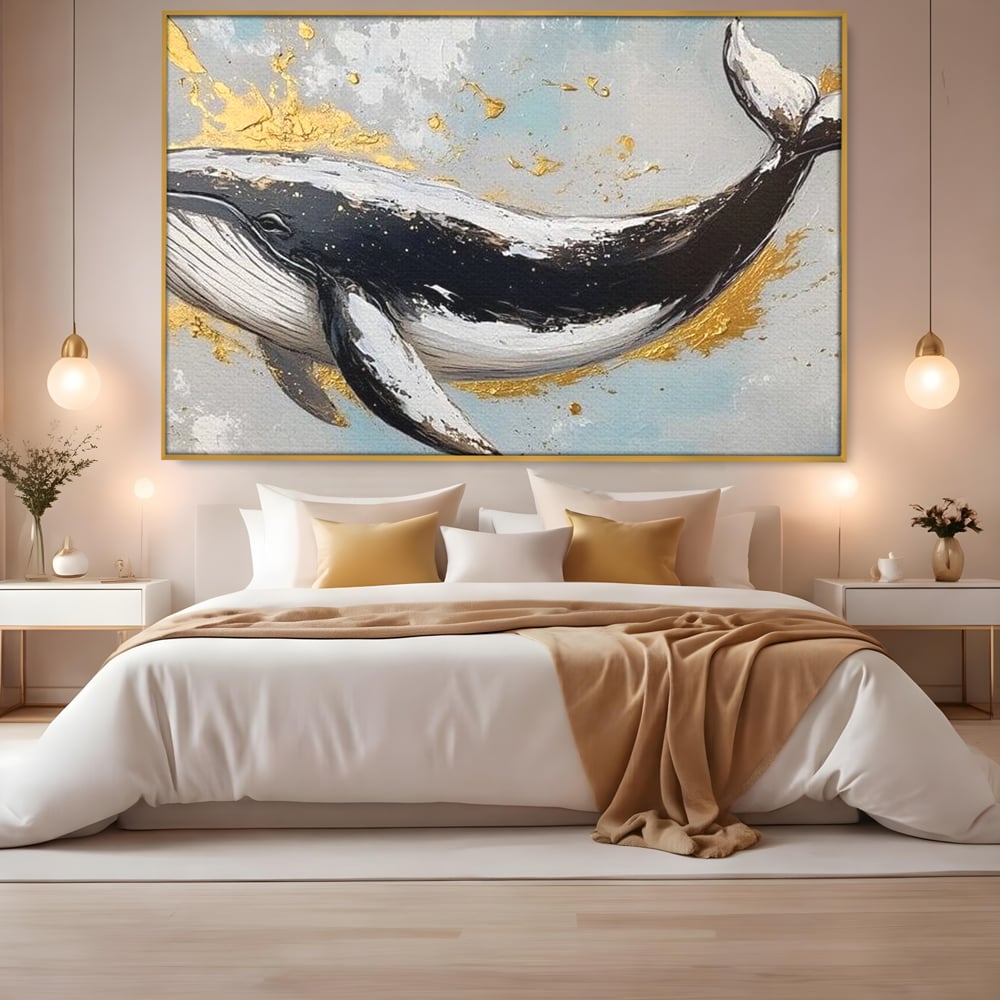 Leinwand Wandkunst Premium, LuxCanva® M1425, Goldener Wal, Abstrakte Kunst, Golden, Wellen, Wal, Gemälde, Ozean, Tief, Kolossal, Elegant, Büro, Wohnen, Kinderzimmer