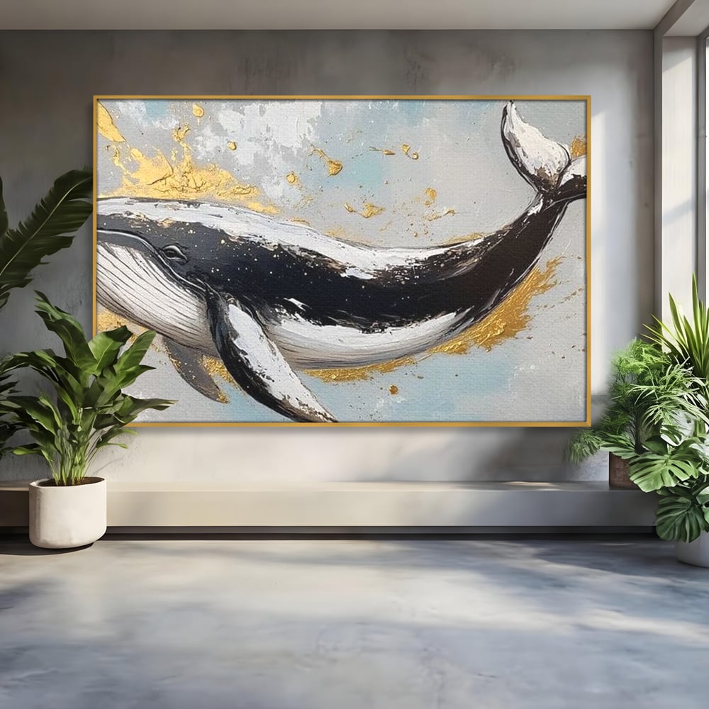 Leinwand Wandkunst Premium, LuxCanva® M1425, Goldener Wal, Abstrakte Kunst, Golden, Wellen, Wal, Gemälde, Ozean, Tief, Kolossal, Elegant, Büro, Wohnen, Kinderzimmer