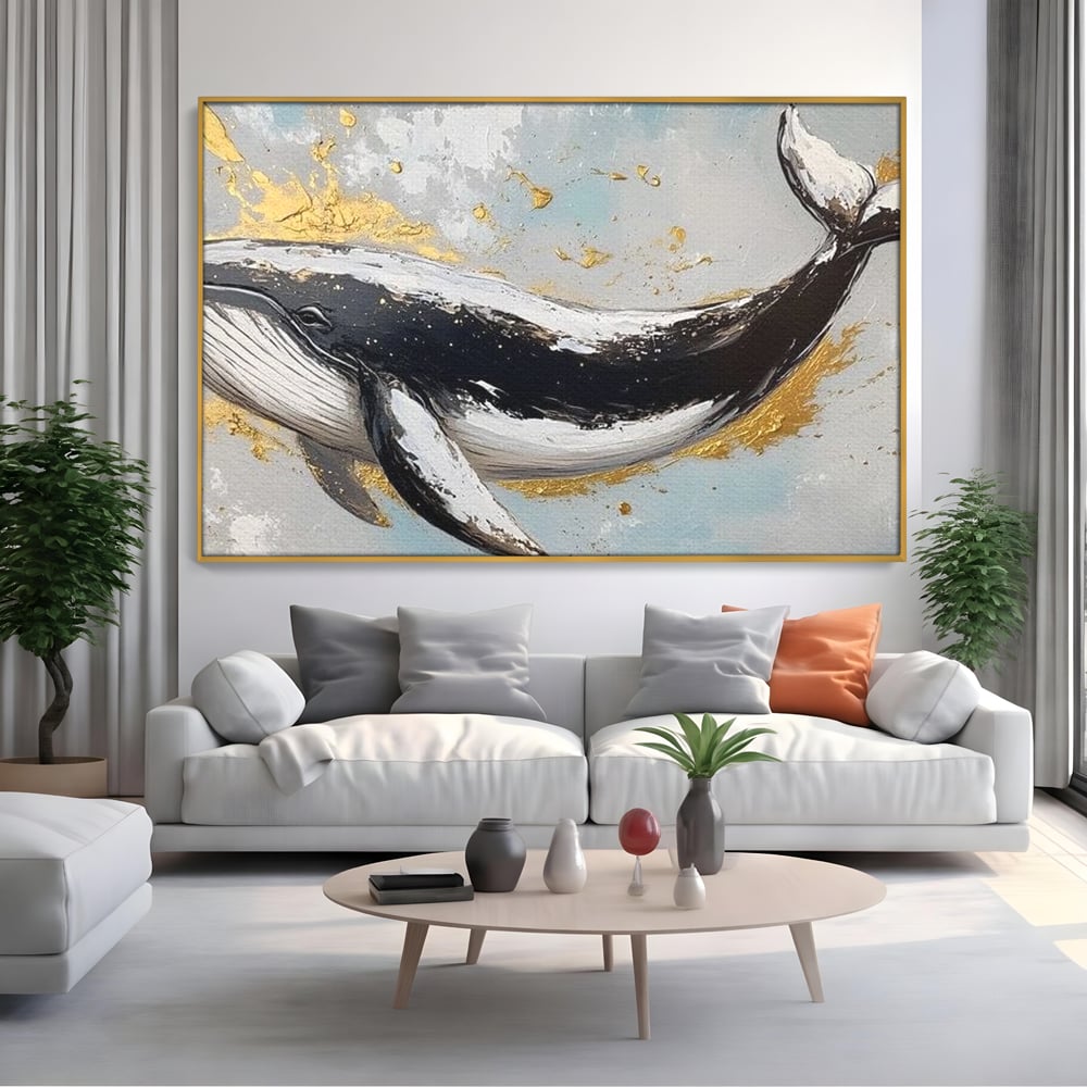 Leinwand Wandkunst Premium, LuxCanva® M1425, Goldener Wal, Abstrakte Kunst, Golden, Wellen, Wal, Gemälde, Ozean, Tief, Kolossal, Elegant, Büro, Wohnen, Kinderzimmer
