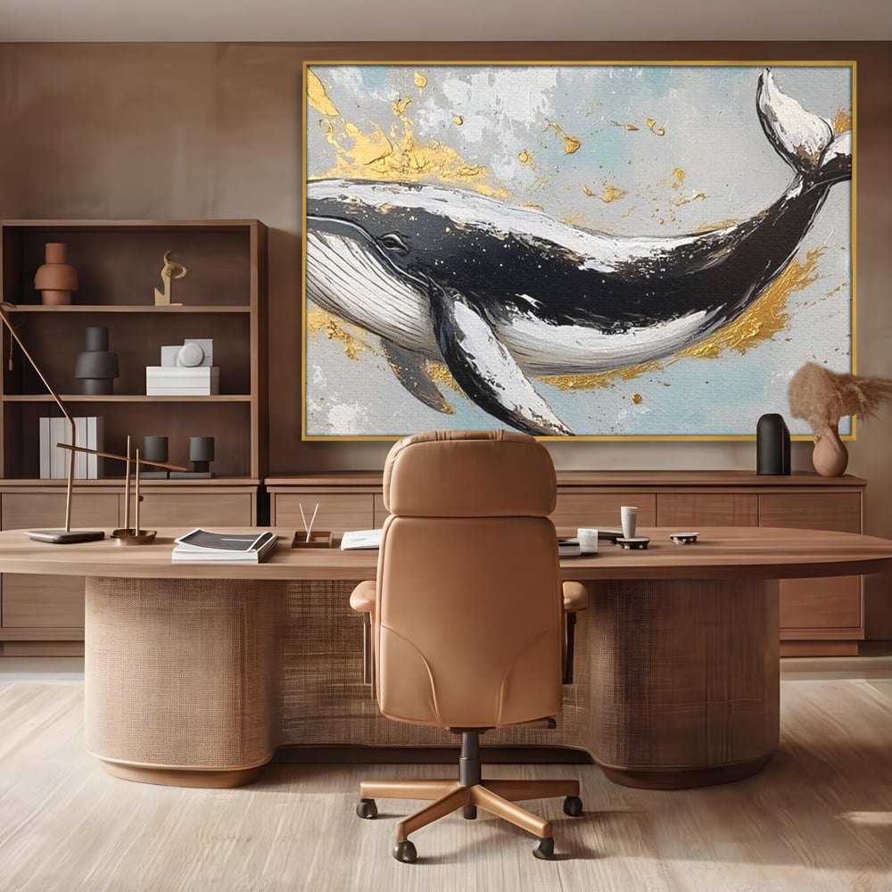 Leinwand Wandkunst Premium, LuxCanva® M1425, Goldener Wal, Abstrakte Kunst, Golden, Wellen, Wal, Gemälde, Ozean, Tief, Kolossal, Elegant, Büro, Wohnen, Kinderzimmer