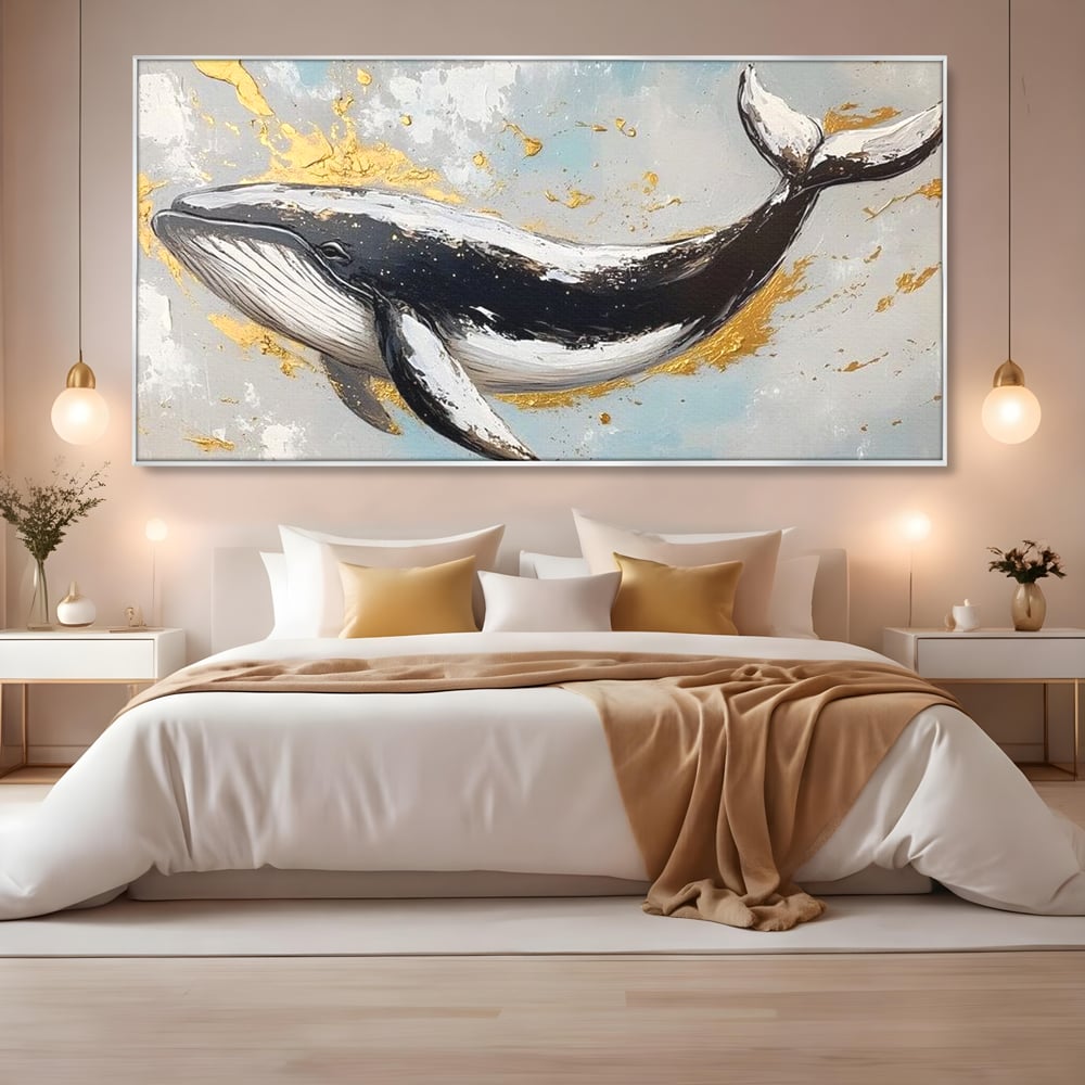 Leinwand Wandkunst Premium, LuxCanva® M1425, Goldener Wal, Abstrakte Kunst, Golden, Wellen, Wal, Gemälde, Ozean, Tief, Kolossal, Elegant, Büro, Wohnen, Kinderzimmer