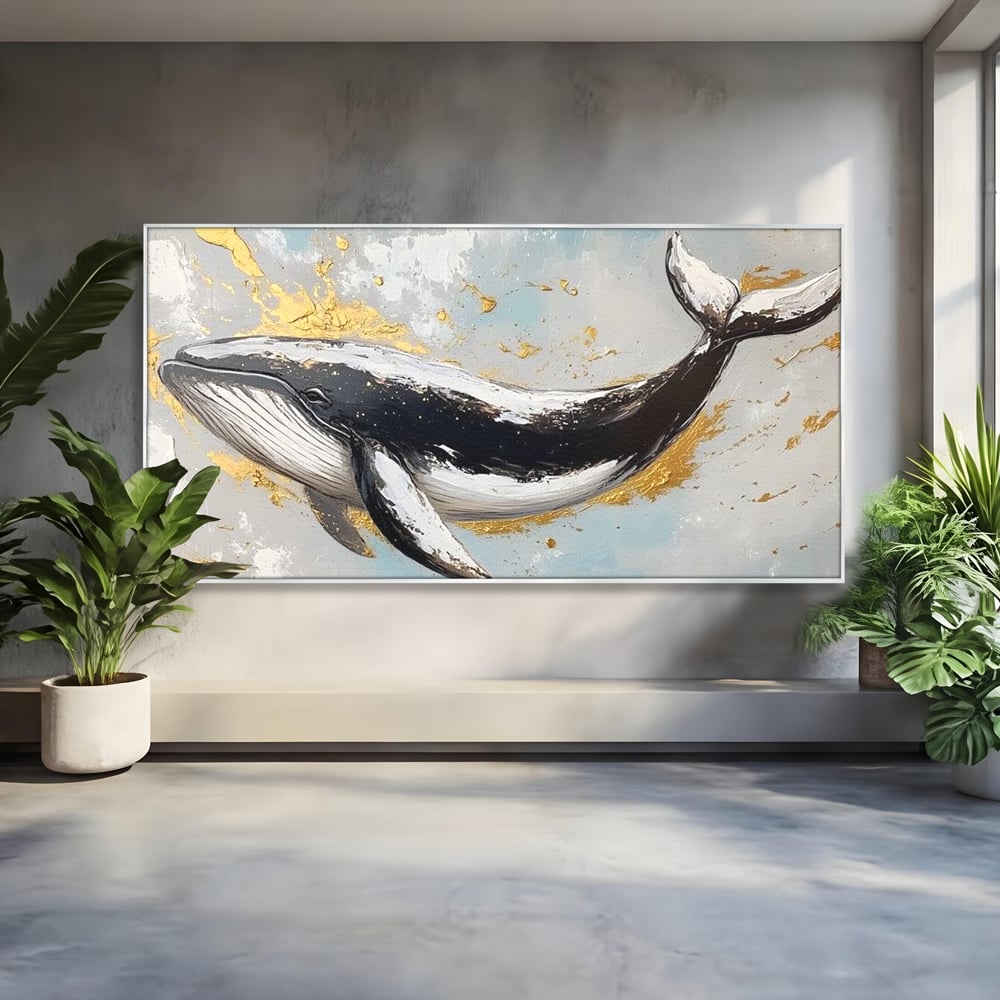 Leinwand Wandkunst Premium, LuxCanva® M1425, Goldener Wal, Abstrakte Kunst, Golden, Wellen, Wal, Gemälde, Ozean, Tief, Kolossal, Elegant, Büro, Wohnen, Kinderzimmer