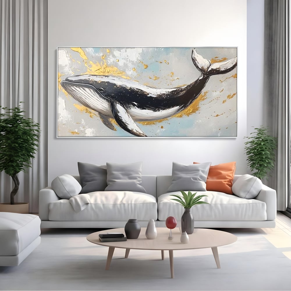 Leinwand Wandkunst Premium, LuxCanva® M1425, Goldener Wal, Abstrakte Kunst, Golden, Wellen, Wal, Gemälde, Ozean, Tief, Kolossal, Elegant, Büro, Wohnen, Kinderzimmer