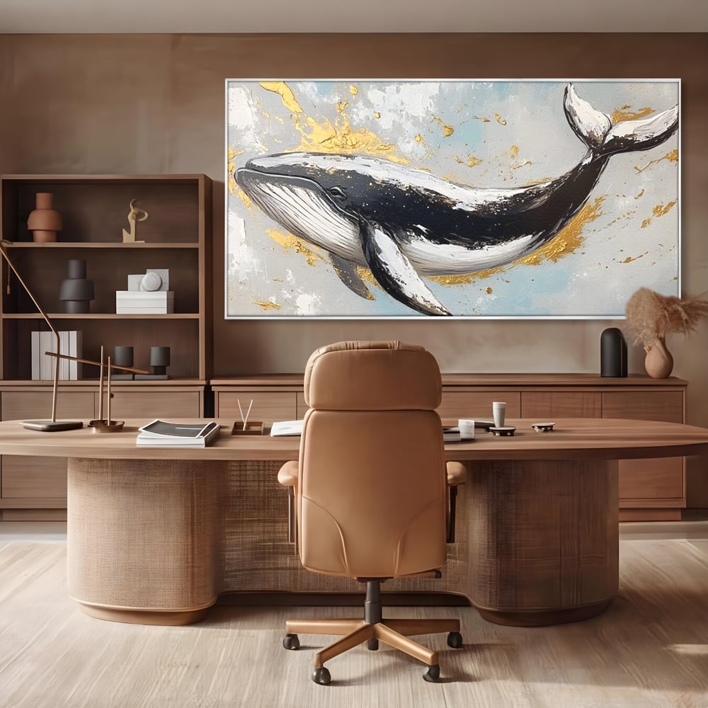 Leinwand Wandkunst Premium, LuxCanva® M1425, Goldener Wal, Abstrakte Kunst, Golden, Wellen, Wal, Gemälde, Ozean, Tief, Kolossal, Elegant, Büro, Wohnen, Kinderzimmer