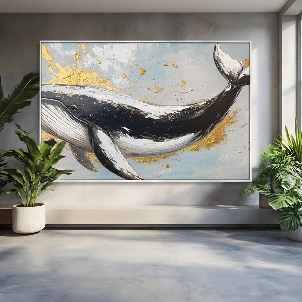 Leinwand Wandkunst Premium, LuxCanva® M1425, Goldener Wal, Abstrakte Kunst, Golden, Wellen, Wal, Gemälde, Ozean, Tief, Kolossal, Elegant, Büro, Wohnen, Kinderzimmer