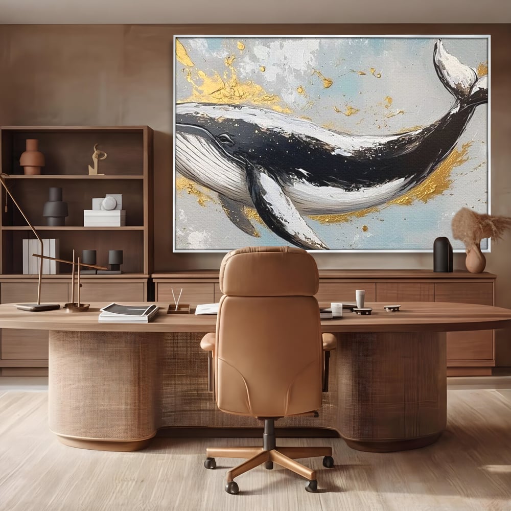 Leinwand Wandkunst Premium, LuxCanva® M1425, Goldener Wal, Abstrakte Kunst, Golden, Wellen, Wal, Gemälde, Ozean, Tief, Kolossal, Elegant, Büro, Wohnen, Kinderzimmer