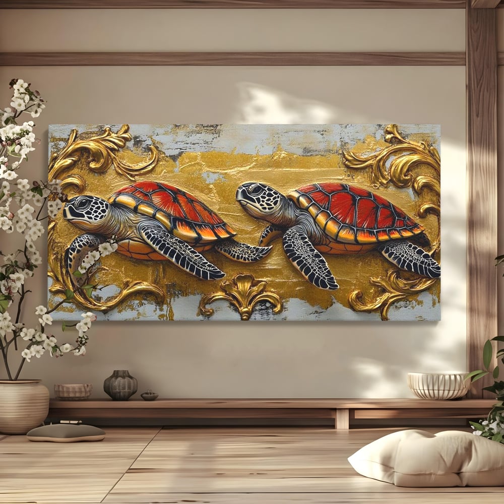 Tablou Canvas Premium, LuxCanva® M1426, Promisiunea Marii, Testoase, Pereche, Eleganta, Natura, Ornament, Regal, Cuplu, Ocean, Abstract, Pictura, Birou, Living, Camera Copil