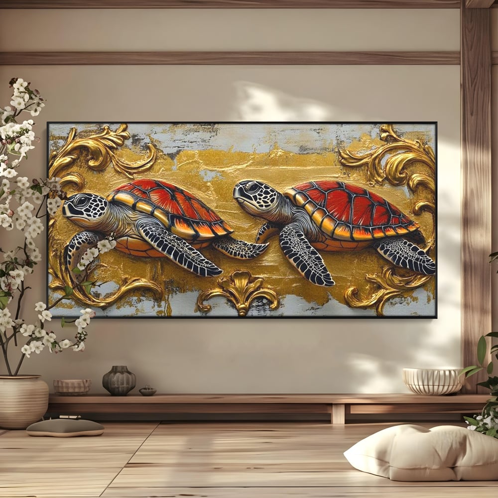 Tablou Canvas Premium, LuxCanva® M1426, Promisiunea Marii, Testoase, Pereche, Eleganta, Natura, Ornament, Regal, Cuplu, Ocean, Abstract, Pictura, Birou, Living, Camera Copil