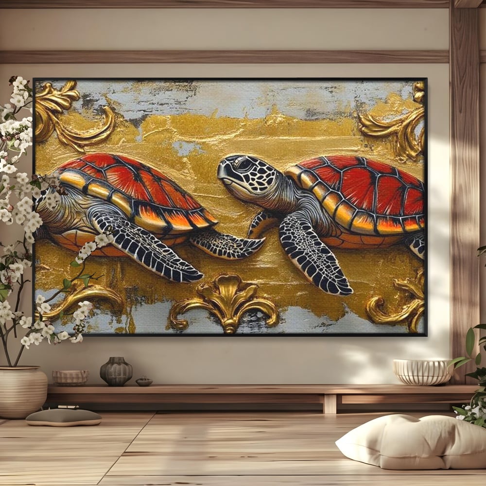 Tablou Canvas Premium, LuxCanva® M1426, Promisiunea Marii, Testoase, Pereche, Eleganta, Natura, Ornament, Regal, Cuplu, Ocean, Abstract, Pictura, Birou, Living, Camera Copil