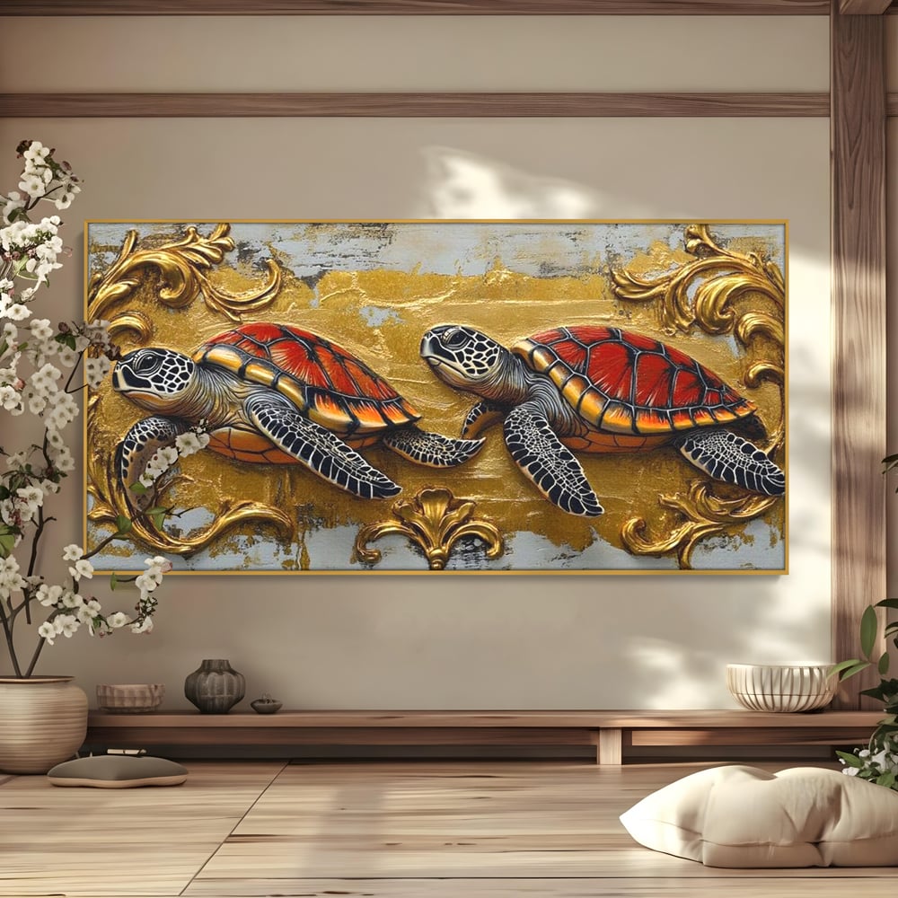 Tablou Canvas Premium, LuxCanva® M1426, Promisiunea Marii, Testoase, Pereche, Eleganta, Natura, Ornament, Regal, Cuplu, Ocean, Abstract, Pictura, Birou, Living, Camera Copil