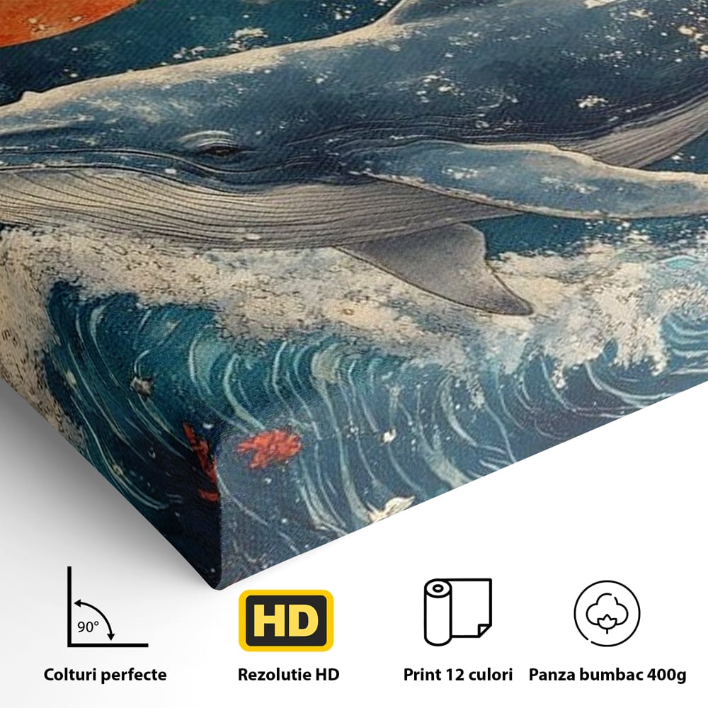 Leinwand Wandkunst Canvas Premium, LuxCanva® M1427, Ozean Epic, Wal, Mond, Wellen, Ozean, Nacht, Sterne, Abgrund, Blumen, Vögel, Fische, Wasser, Büro, Wohnen, Kinderzimmer