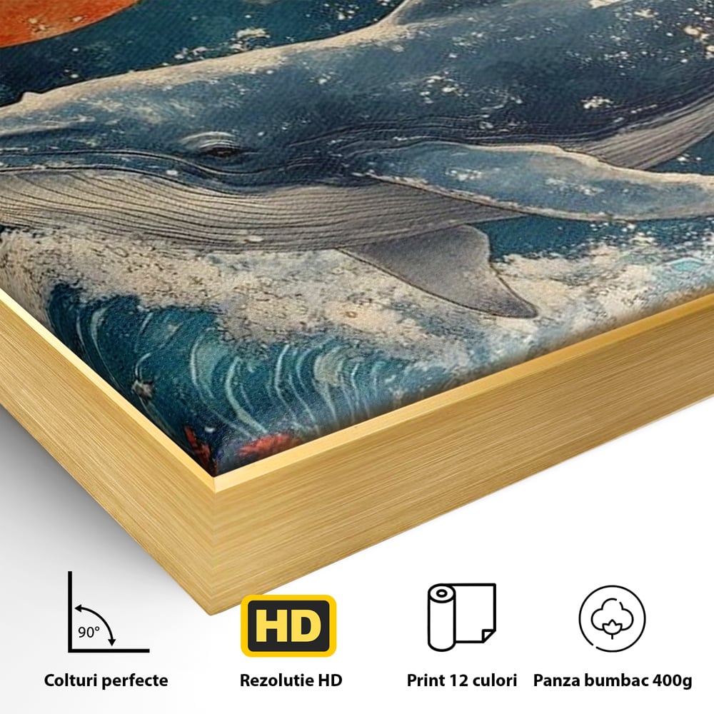 Leinwand Wandkunst Canvas Premium, LuxCanva® M1427, Ozean Epic, Wal, Mond, Wellen, Ozean, Nacht, Sterne, Abgrund, Blumen, Vögel, Fische, Wasser, Büro, Wohnen, Kinderzimmer