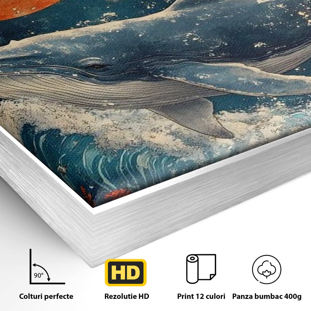Leinwand Wandkunst Canvas Premium, LuxCanva® M1427, Ozean Epic, Wal, Mond, Wellen, Ozean, Nacht, Sterne, Abgrund, Blumen, Vögel, Fische, Wasser, Büro, Wohnen, Kinderzimmer