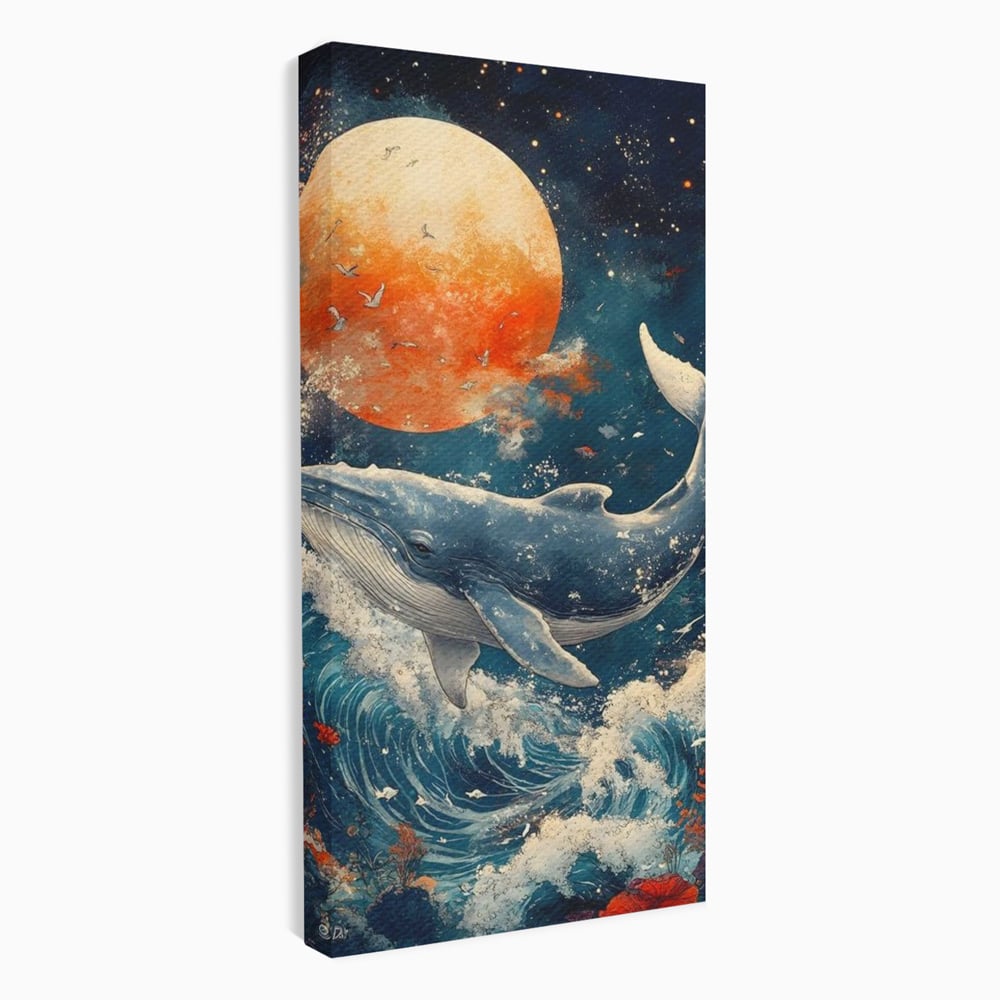 Leinwand Wandkunst Canvas Premium, LuxCanva® M1427, Ozean Epic, Wal, Mond, Wellen, Ozean, Nacht, Sterne, Abgrund, Blumen, Vögel, Fische, Wasser, Büro, Wohnen, Kinderzimmer