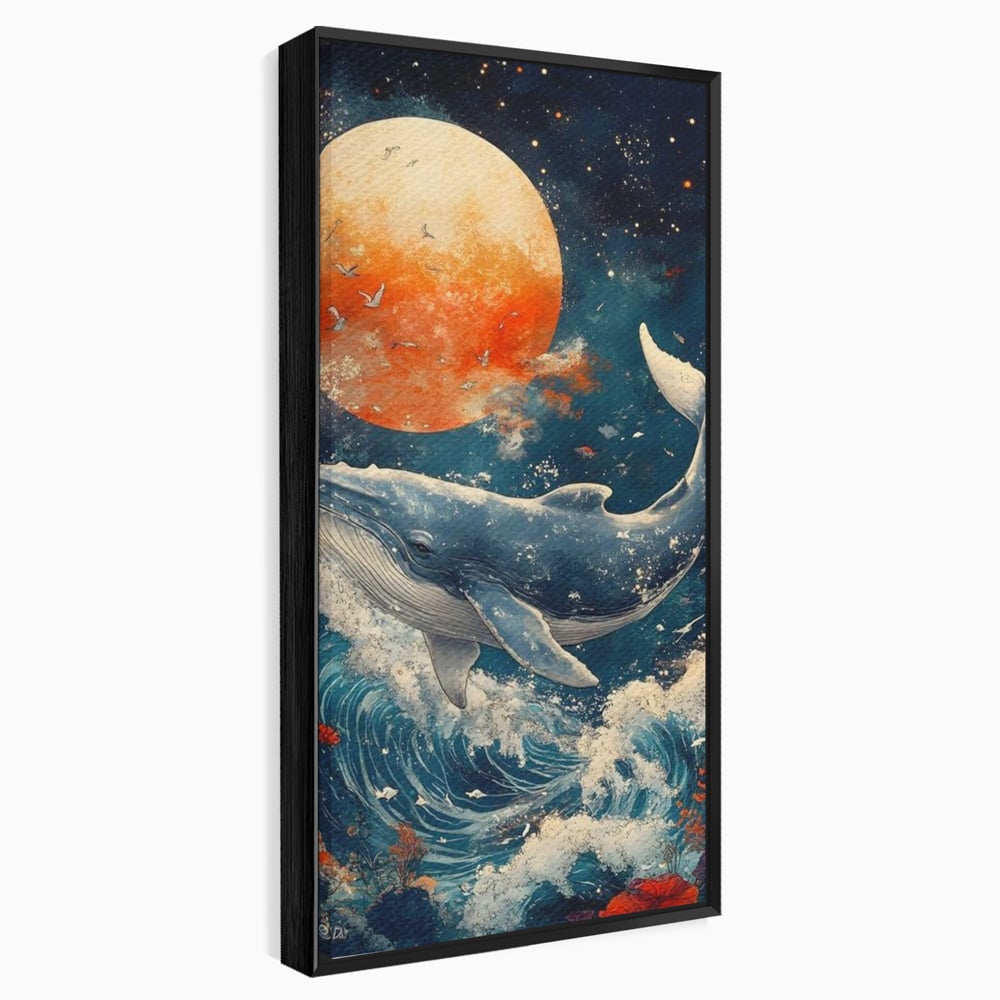 Leinwand Wandkunst Canvas Premium, LuxCanva® M1427, Ozean Epic, Wal, Mond, Wellen, Ozean, Nacht, Sterne, Abgrund, Blumen, Vögel, Fische, Wasser, Büro, Wohnen, Kinderzimmer