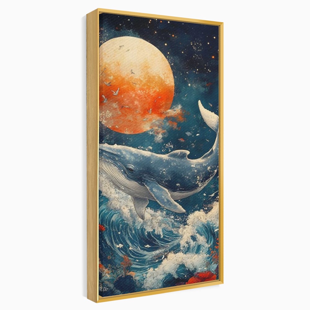 Leinwand Wandkunst Canvas Premium, LuxCanva® M1427, Ozean Epic, Wal, Mond, Wellen, Ozean, Nacht, Sterne, Abgrund, Blumen, Vögel, Fische, Wasser, Büro, Wohnen, Kinderzimmer