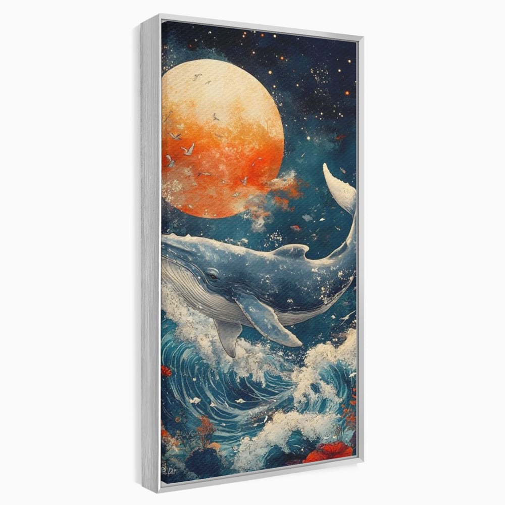 Leinwand Wandkunst Canvas Premium, LuxCanva® M1427, Ozean Epic, Wal, Mond, Wellen, Ozean, Nacht, Sterne, Abgrund, Blumen, Vögel, Fische, Wasser, Büro, Wohnen, Kinderzimmer