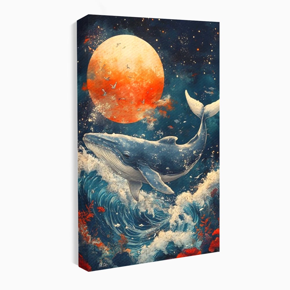 Leinwand Wandkunst Canvas Premium, LuxCanva® M1427, Ozean Epic, Wal, Mond, Wellen, Ozean, Nacht, Sterne, Abgrund, Blumen, Vögel, Fische, Wasser, Büro, Wohnen, Kinderzimmer