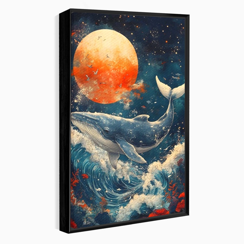 Leinwand Wandkunst Canvas Premium, LuxCanva® M1427, Ozean Epic, Wal, Mond, Wellen, Ozean, Nacht, Sterne, Abgrund, Blumen, Vögel, Fische, Wasser, Büro, Wohnen, Kinderzimmer