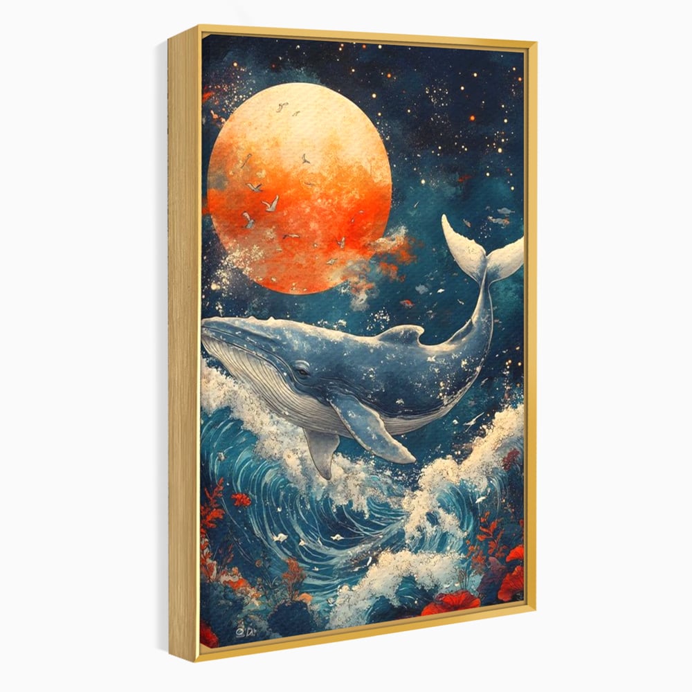 Leinwand Wandkunst Canvas Premium, LuxCanva® M1427, Ozean Epic, Wal, Mond, Wellen, Ozean, Nacht, Sterne, Abgrund, Blumen, Vögel, Fische, Wasser, Büro, Wohnen, Kinderzimmer