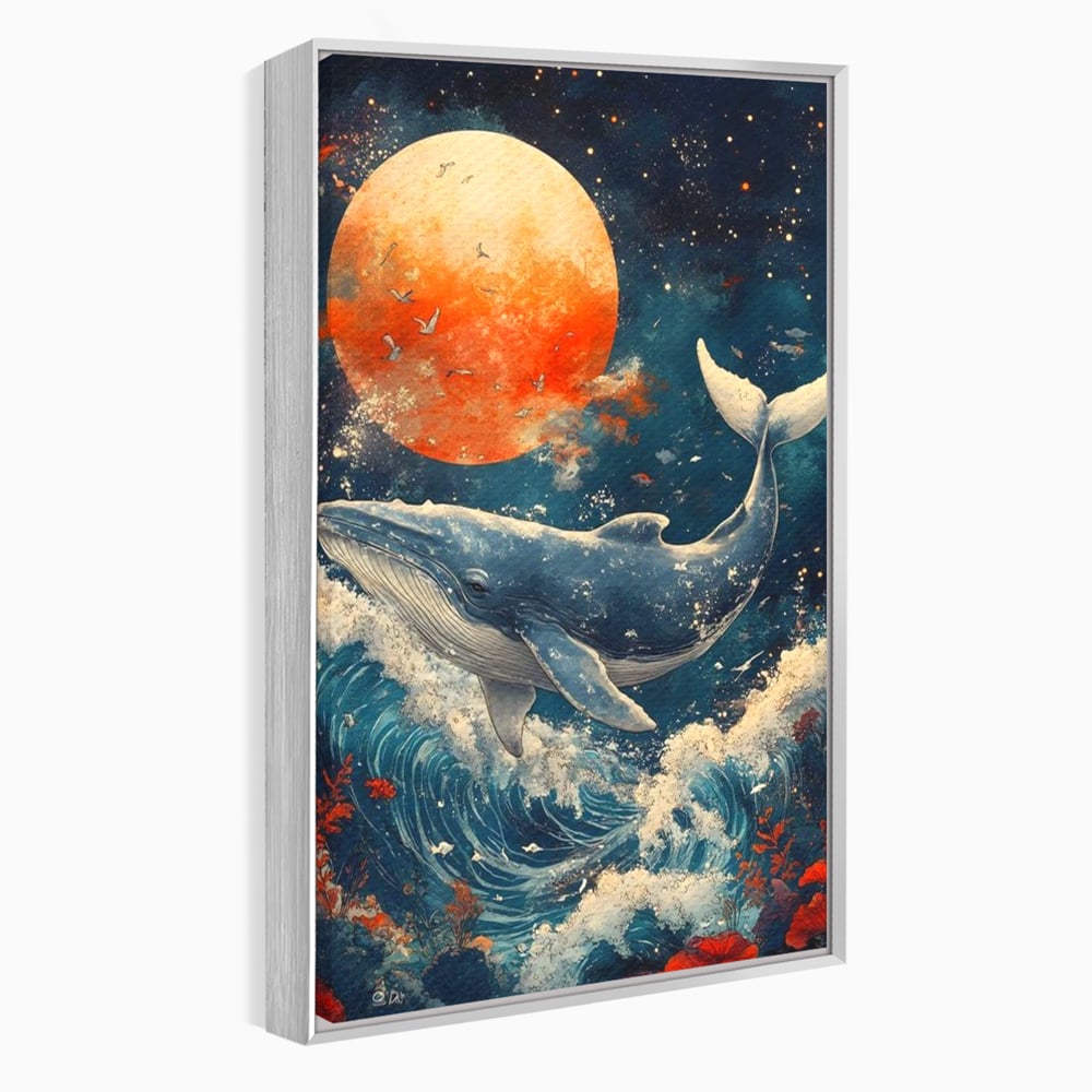 Leinwand Wandkunst Canvas Premium, LuxCanva® M1427, Ozean Epic, Wal, Mond, Wellen, Ozean, Nacht, Sterne, Abgrund, Blumen, Vögel, Fische, Wasser, Büro, Wohnen, Kinderzimmer